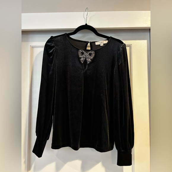 EUC Loft Black Long Sleeved Velvet Top with Bow Beaded Accent in Size Small - Picture 2 of 7